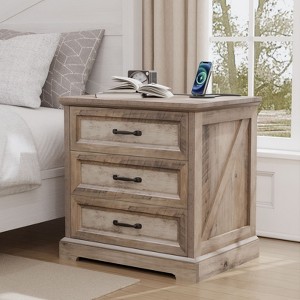 Hommpa Modern Rustic Bedside Table Nightstand 3 Drawers with Charging Station for Bedroom or Living Room - 1 of 4
