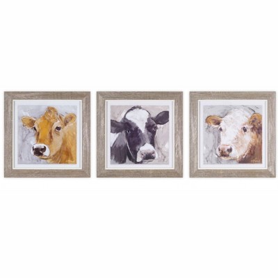 HomeRoots Set of Three Brown Cow Wood Square Framed Art