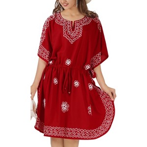 HAPPY BAY Women's House Daily Routine Evening Wear Mini Casual Caftan Short Sleeve Vacation Dressessuit Cover Ups for Women 2X-3X Red, Solid - 1 of 4