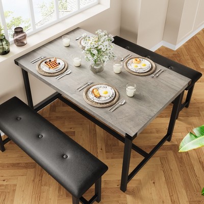 Dining Table Set for 4, Kitchen Table with 2 Upholstered Benches, 3-Piece Dining Set for Kitchen, Apartment, Small Spaces