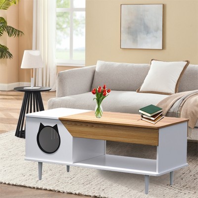 45'' Coffee Table Hidden Cat Litter Box Enclosure Kitty Litter Box Furniture with Storage Drawer and Metal Legs, Cat House for Living Room