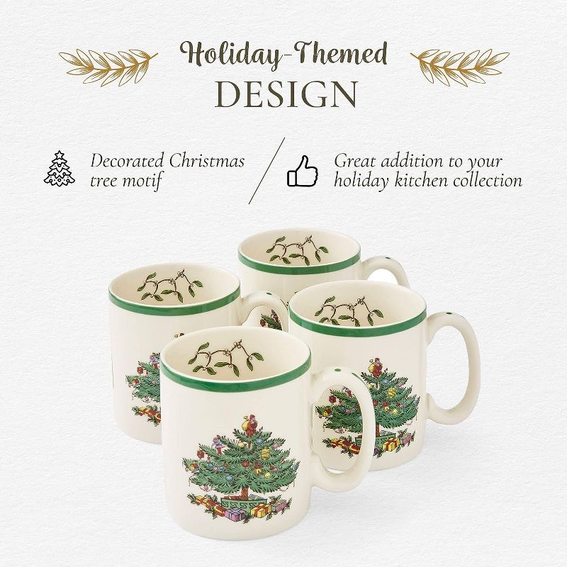 Spode Christmas Tree Collection Mug, Set of 4, 9-Ounce Capacity, Holiday Coffee Mugs, Cup for Tea, Hot Cocoa and Coffee, White, 4 of 9