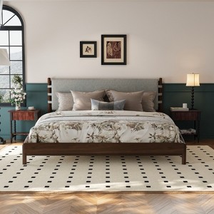Christopher Knight Home Evelyn Mid-Century Modern Rubberwood Bed with Upholstered Headboard - 1 of 4