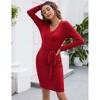 Women's 2025 Fall Sweater Dress V Neck Long Sleeve Ribbed Knit Tie Waist Bodycon Slim Fit Mini Dresses - 4 of 4