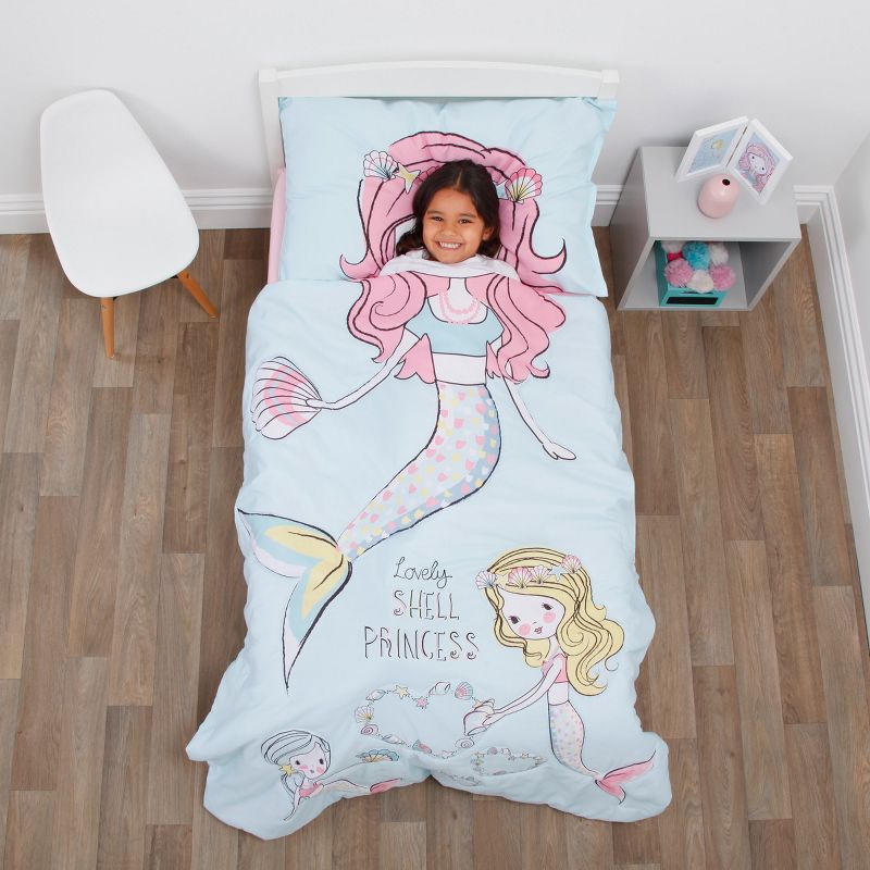 Everything Kids Mermaid Aqua, Pink, Yellow 4 Piece Toddler Bed Set - Comforter, Fitted Bottom Sheet, Flat Top Sheet, Standard Size Pillowcase, 1 of 7