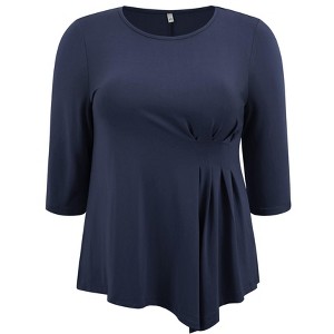 Women's Plus Size Crew Neck Waist Pleated 3/4 Sleeve Asymmetric Hem Casual Loose Fit Blouses - GRACE & GRANDEUR - 1 of 4