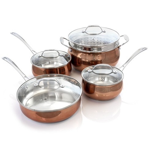 Oster Allsberg Non Stick Aluminum 10 Piece Cookware Set With Pots, Pans,  Lids, Stainless Steel Rose Gold Handles, Matte Black : Target
