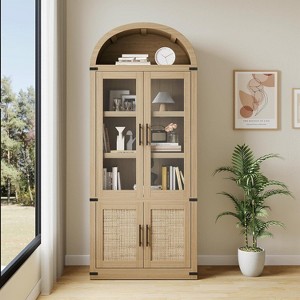 Modern Farmhouse 6-Tier Arched Bookcase Cabinet, 2 Glass & 2 Wooden Doors, Deep Storage Organizer for Living Room Kitchen Office - 1 of 4