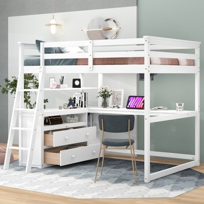 CAVINAS Twin Size Loft Bed Wooden Bed Frame with Desk, Storage Shelves, 2 Drawers and Inclined Ladder for Bedroom