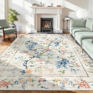 Washable Rugs for Bedroom Ultra-Soft Floral Peacock Floor Mat - 1 of 4