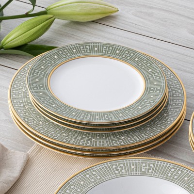 Green and Gold Porcelain 12-Piece Dinnerware Set, Service for 4