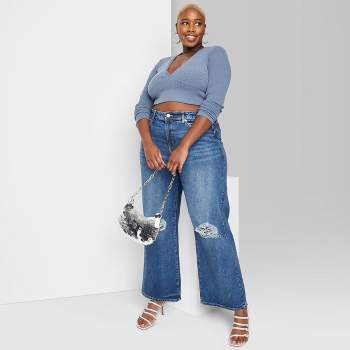 JNGSA Plus Size Baggy Jeans for Women-Wide Leg High-Waist Denim Jeans  Straight Leg Mom Jeans Fashion Loose Stretch Jean Trousers Light Blue L