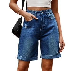 Women's Summer Long Jeans Shorts High Rise Loose-Fit Wide Leg Denim Shorts Stretchy Dad Y2K Shorts with Pockets - 1 of 4