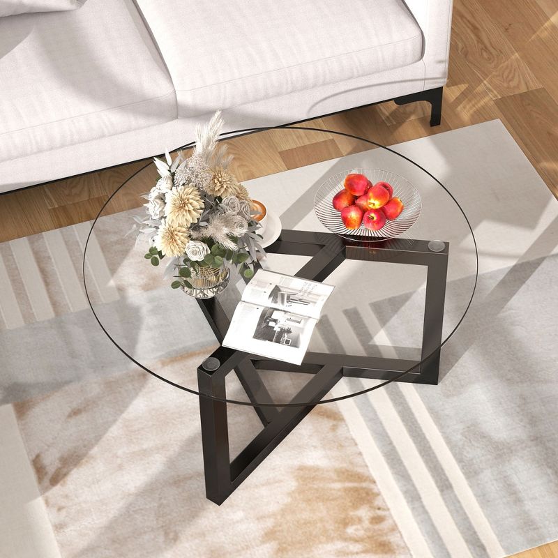 Modern Round Coffee Table Cocktail Table with Tempered Glass Top & Sturdy Wood Base-ModernLuxe, 2 of 8