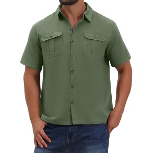INSPIRE CHIC Men's Solid Short Sleeve Button Down Chest Pockets Linen Shirt - 1 of 4