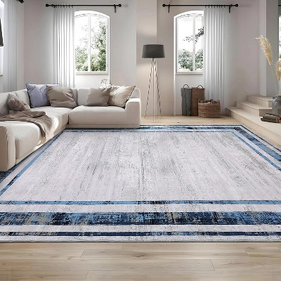 10x13 Washable Navy Blue Living Room Rug, Large Distressed Non-Slip Low Pile Stain-Resistant Carpet for Bedroom or Playroom