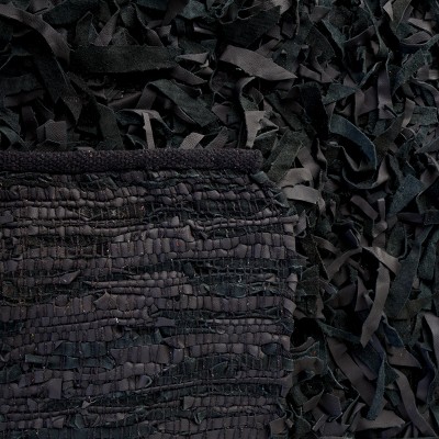 Luxurious Black Leather Hand-Knotted Shag Rug, 3' x 5'