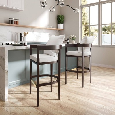 Ivory Faux Leather and Walnut Wood Counter Stool