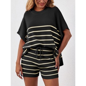 Imily Bela Women's Striped 2 Piece Outfits Oversized Batwing Short Sleeve Tops High Waisted Shorts Summer Knit Lounge Short Sets - 1 of 4