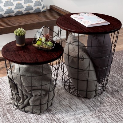 Hastings Home Wire and Wood Nesting Tables - 2-Piece Set, Cherry