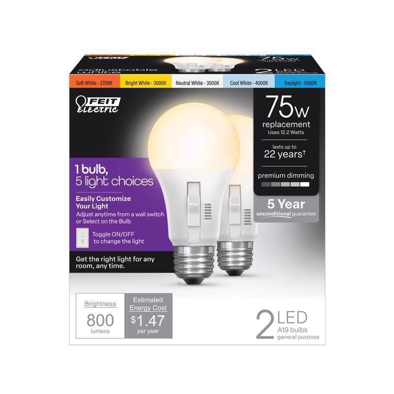 Feit Electric A19 E26 (Medium) LED Light Bulb Tunable White/Color Changing 75 Watt Equivalence 2 pk, 1 of 2