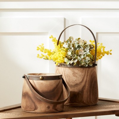Melrose Natural Dark Brown Wooden Pail Planter Set with Steel Handles