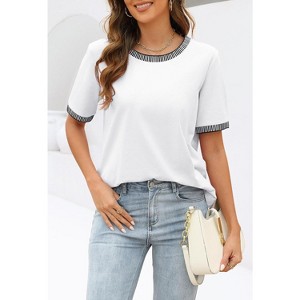 Womens Round Neck Tops Short Sleeve Color Block Ribbed Knit Top Blouse - 1 of 4