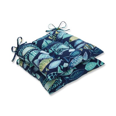 2pk Hooked Lagoon Wrought Iron Outdoor Seat Cushions Blue - Pillow Perfect