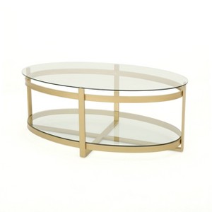 Plumeria Modern Iron with Tempered Glass Coffee Table Brass - Christopher Knight Home: Luxury Form Base, 18" High - 1 of 4