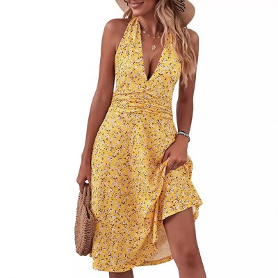 Deep V Neck Halter Sundress Summer Floral Beach Dress Waist Ruched A Line Mini Dress Cutout Back Tie Summer Casual Dress