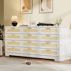 12 Drawer Dresser for Bedroom, Modern Rattan Chest of Drawers, Wood Storage Organizer with Rattan Panel Drawers - 1 of 4