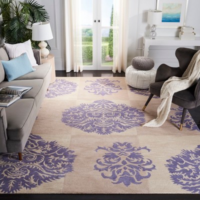 Beige and Lavender Floral Hand-Tufted Wool Area Rug 6' x 9'