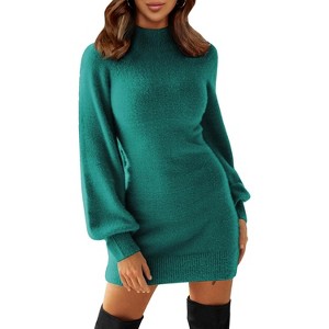 EXLURA Women's Mock Neck Ribbed Long Sleeve Bodycon Pullover Cute Mini Sweater Dress - 1 of 4