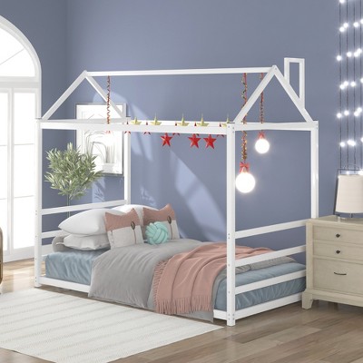 Twin Size House Platform Bed with Roof and Chimney Design
