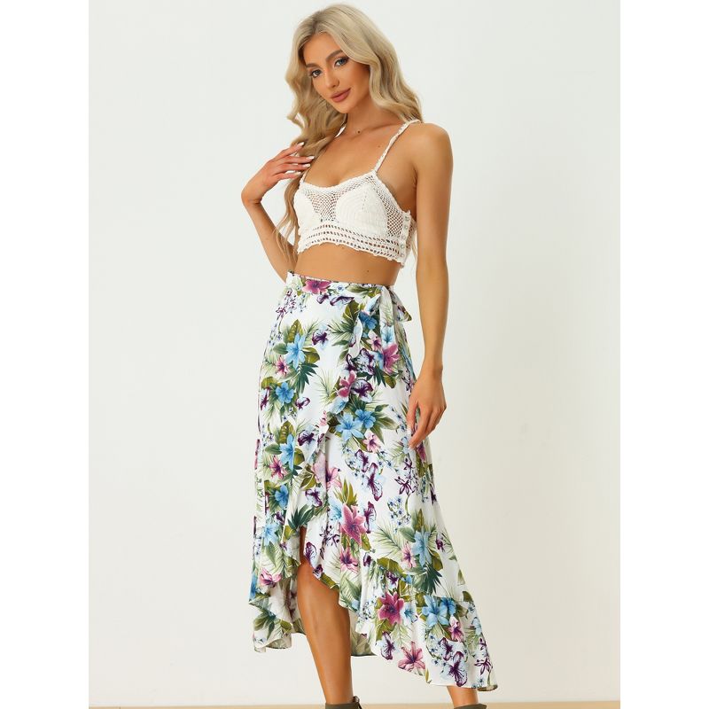 Allegra K Women's Tropical Floral Print Ruffle Self Tie Knot Split Beach Wrap Midi Skirt, 2 of 7