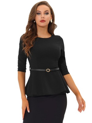 INSPIRE CHIC Women's 3/4 Sleeve Belted Elegant Business Work Peplum Top