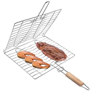 Unique Bargains Stainless Steel Folding Portable Handle Outdoor BBQ Grill Basket Silver 1 Pc