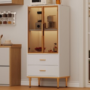 Fluted Storage Cabinet with Glass Door and 2 Drawers, Modern Display Storage Cabinet - 1 of 4