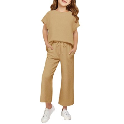 Mocamel Girl's Sports Simple Texture Casual Round Neck Short Sleeves and Loose Pant 2 piece Set