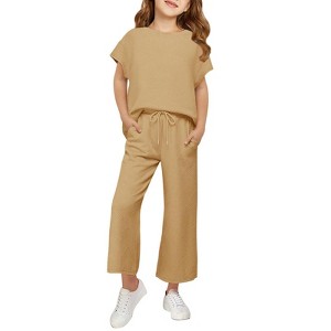 Mocamel Girl's Sports Simple Texture Casual Round Neck Short Sleeves and Loose Pant 2 piece Set - 1 of 4