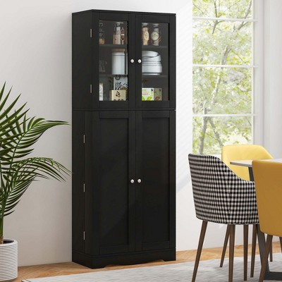 Black Tall Kitchen Pantry Storage Cabinet with Glass Doors
