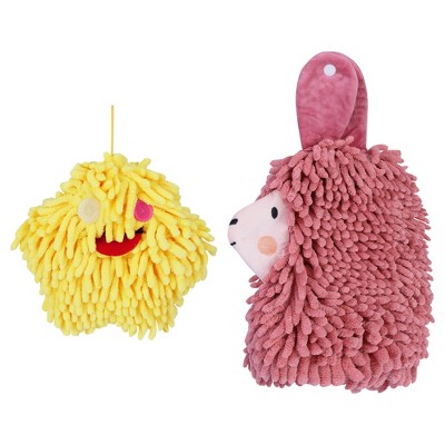 REGALWOVEN 2 Packs Cute Cartoon Alpaca Fuzzy Ball Hand Drying Hanging Ball Towels for Bathroom 7" x 7"/7" x 11"