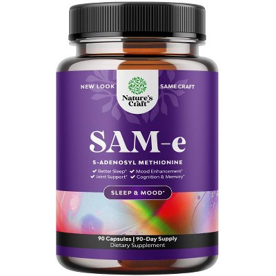 SAM-e 200 mg Capsules, S-Adenosyl Methionine Supplement for Natural Relaxing Mood Boost Brain Support and Liver Detox Cleanse, Nature's Craft, 90ct