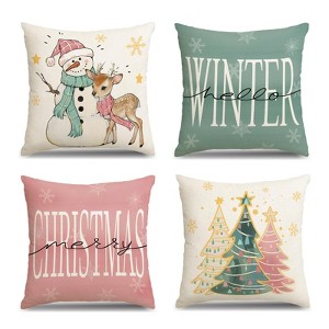 Pink Christmas Throw Pillow Covers 18x18 Set of 4 Green Winter Christmas Trees Snowman Reindeer - 1 of 4