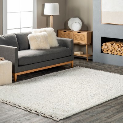 Ivory Rectangular Braided Shag Area Rug with Tassels