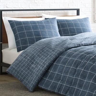 Twin Blue Cotton Grid Duvet Cover Set with Sham
