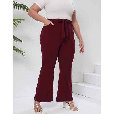 Womens Plus Size Flare Pants Tie Front Fashion Outfits Pockets Spring Fall Pants Slim Business Casual Work Pants