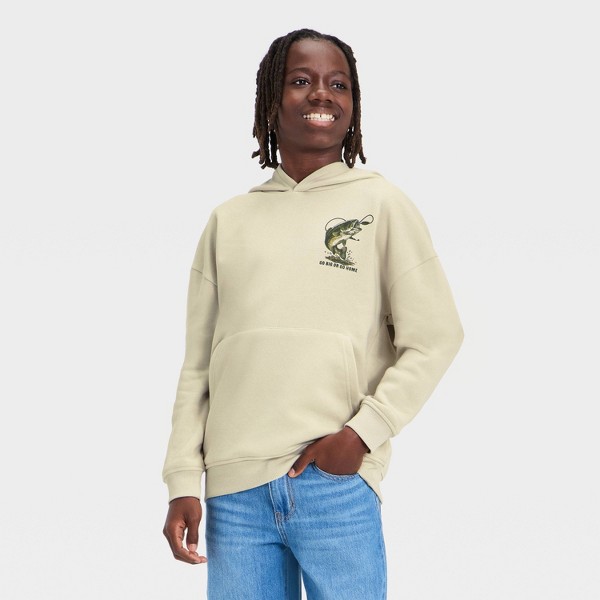 Sudadera con capucha para niño 'Buena Pesca', gráfico de pez al frente y espalda, color crema 3