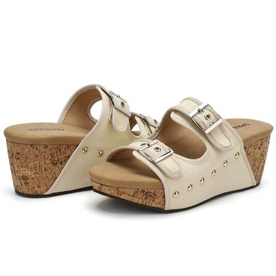 Womens Adjustable Buckle Wedge Sandals Open Toe Woven Fabric Slip on Slide Platform Shoes for Summer - Off White,11-12 Years