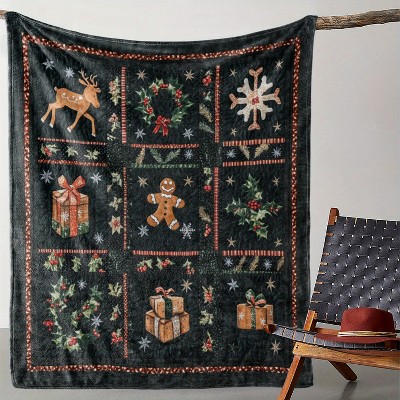 Vintage Christmas Gingerbread Man, Reindeer, and Holly Wreath Print Flannel Throw Blanket - Polyester All-Season Cozy Blanket.